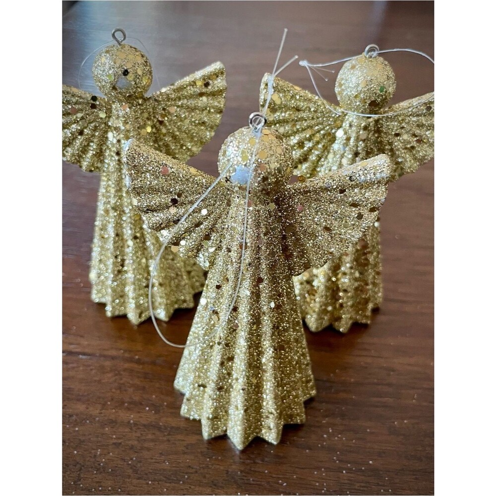 Gold Glitter Angel Holiday Ornaments - Set of 3